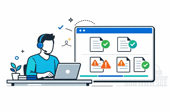 Semi flat vector illustration of a visa expert at Aid Air sitting at a desk with a laptop, next to a large digital screen showing automated check marks and warning icons over document icons, abstract faceless characters, deep blue and turquoise interface elements, calm and efficient atmosphere, minimalist white and grey office background with faint outline of a generic government building, modern tech style with clean lines, designed for Midjourney or Sora image generation