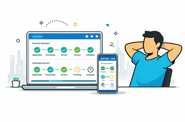 Flat vector illustration of a customer personal account dashboard for Aid Air on a laptop and smartphone, showing status timeline of visa applications, check marks and pending icons, abstract faceless character looking relaxed, deep blue and turquoise interface with neutral hub accent, calm and secure feeling, minimalist white and grey background with faint outline of a generic city skyline, modern tech product style, clean UI, suitable for Midjourney or Sora image generation