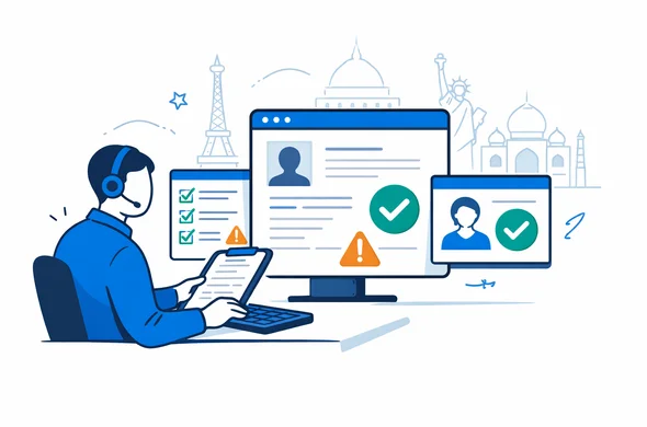 Semi-flat vector illustration showing an abstract faceless expert reviewing a digital visa application generated by an automated system, deep blue and turquoise main colors with subtle gray accents, screens with checkmarks and warning icons, calm and trustworthy office atmosphere, minimalist white background with a faint outline of various global landmarks, 2D clean illustration style
