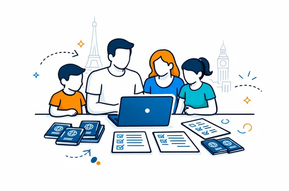 Flat 2D vector illustration of a family with two parents and two children sitting around a laptop, multiple passports and documents neatly arranged on the table, deep blue and turquoise primary colors with yellow and blue accents for Europe, calm organized atmosphere, minimalist white background with a faint outline of the Eiffel Tower, not photorealistic