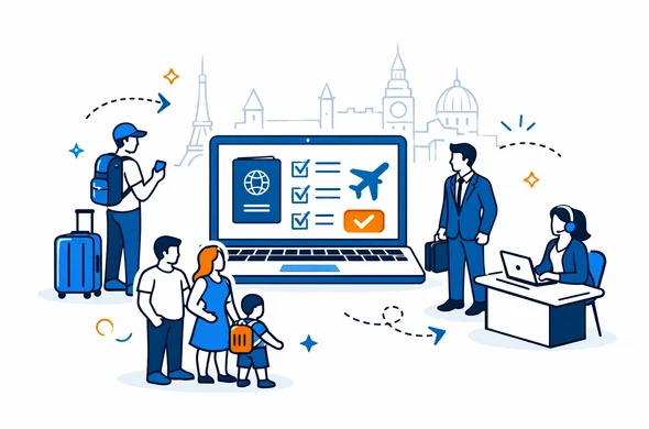 Semi-flat isometric vector illustration of a travel agent at a desk using a large computer dashboard that shows multiple clients visa application cards, abstract faceless character, deep blue and turquoise primary colors with subtle global accent colors, calm organized office atmosphere, minimalist white background with faint outlines of Big Ben and the Statue of Liberty, not photorealistic