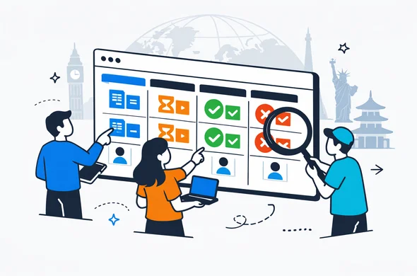 flat or semi-flat vector illustration of abstract faceless characters interacting with a large digital dashboard that shows a visa application pipeline, deep blue and turquoise primary colors, modern tech style, isometric perspective, minimalist light grey background with faint globe and multiple famous landmarks silhouettes, calm organized efficient atmosphere flat or semi-flat vector illustration of abstract faceless characters interacting with a large digital dashboard that shows a visa application pipeline, deep blue and turquoise primary colors, modern tech style, isometric perspective, minimalist light grey background with faint globe and multiple famous landmarks silhouettes, calm organized efficient atmosphere