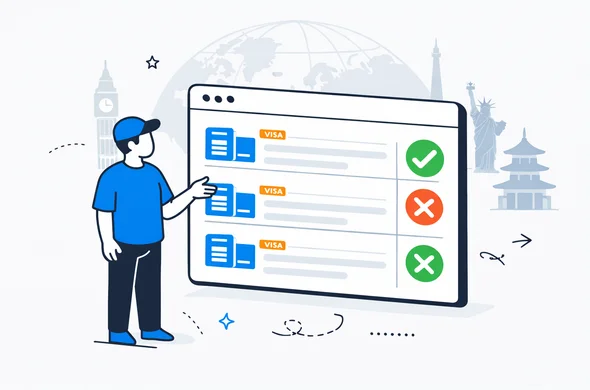 flat vector illustration of an abstract faceless character standing next to a large digital checklist interface with visa documents and validation icons, deep blue and turquoise primary colors, modern clean tech style, 2D semi-flat design, minimalist white and light grey background with faint global landmarks silhouettes, calm and efficient atmosphere flat vector illustration of an abstract faceless character standing next to a large digital checklist interface with visa documents and validation icons, deep blue and turquoise primary colors, modern clean tech style, 2D semi-flat design, minimalist white and light grey background with faint global landmarks silhouettes, calm and efficient atmosphere