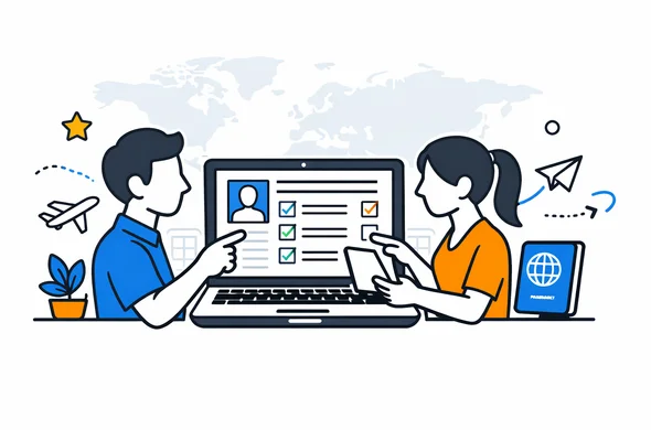 Flat vector illustration of a modern digital dashboard reviewing a visa application form before submission, abstract faceless characters checking documents on a laptop, deep blue and turquoise Aid-Air colors with soft yellow-blue accents for global travel, calm efficient atmosphere, minimalist white background with faint world map and airport terminal outline, 2D clean lines Flat vector illustration of a modern digital dashboard reviewing a visa application form before submission, abstract faceless characters checking documents on a laptop, deep blue and turquoise Aid-Air colors with soft yellow-blue accents for global travel, calm efficient atmosphere, minimalist white background with faint world map and airport terminal outline, 2D clean lines