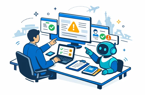 Semi-flat vector illustration of a human visa expert and an abstract AI interface working together, screens with checkmarks and warning icons, deep blue and turquoise primary colors with subtle yellow-blue accents for global travel, organized desk, calm and efficient atmosphere, minimalist white background with faint silhouettes of global landmarks, isometric perspective Semi-flat vector illustration of a human visa expert and an abstract AI interface working together, screens with checkmarks and warning icons, deep blue and turquoise primary colors with subtle yellow-blue accents for global travel, organized desk, calm and efficient atmosphere, minimalist white background with faint silhouettes of global landmarks, isometric perspective