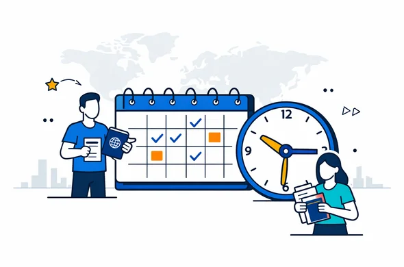 Flat semi-flat vector illustration, modern tech style, deep blue and turquoise Aid-Air brand colors with subtle yellow accents, abstract faceless characters holding passports and documents next to a large calendar and clock, calm and organized atmosphere, minimal white background with a faint world map and a subtle city skyline silhouette, 2D isometric composition, no facial features, clean lines Flat semi-flat vector illustration, modern tech style, deep blue and turquoise Aid-Air brand colors with subtle yellow accents, abstract faceless characters holding passports and documents next to a large calendar and clock, calm and organized atmosphere, minimal white background with a faint world map and a subtle city skyline silhouette, 2D isometric composition, no facial features, clean lines