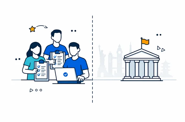 Flat vector illustration, modern tech style, deep blue and turquoise main colors with subtle yellow accents, abstract faceless characters on one side representing a digital visa service team with laptops and checklists, and a stylized government building icon on the other side, a clear dividing line between responsibilities, calm and organized atmosphere, minimal white background with a faint outline of global landmarks, clean 2D design Flat vector illustration, modern tech style, deep blue and turquoise main colors with subtle yellow accents, abstract faceless characters on one side representing a digital visa service team with laptops and checklists, and a stylized government building icon on the other side, a clear dividing line between responsibilities, calm and organized atmosphere, minimal white background with a faint outline of global landmarks, clean 2D design