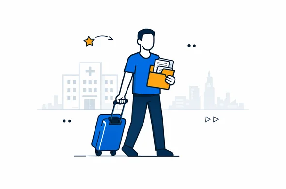Semi-flat vector illustration, deep blue and turquoise primary colors with soft yellow accents, abstract faceless character holding a folder of documents and a suitcase, calm but focused mood suggesting urgent travel handled in an organized way, minimalist white background with faint outline of a hospital and city skyline, modern tech look, clean 2D design, no facial details Semi-flat vector illustration, deep blue and turquoise primary colors with soft yellow accents, abstract faceless character holding a folder of documents and a suitcase, calm but focused mood suggesting urgent travel handled in an organized way, minimalist white background with faint outline of a hospital and city skyline, modern tech look, clean 2D design, no facial details
