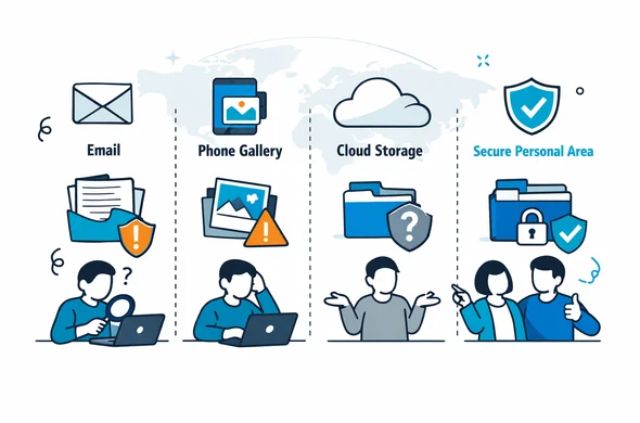 Flat vector illustration comparing different document storage methods, columns representing email, phone gallery, generic cloud and secure visa office personal area, abstract faceless characters choosing the secure option, deep blue and turquoise main colors with neutral accent, minimalist white background with faint outline of a world map, clean infographic style Flat vector illustration comparing different document storage methods, columns representing email, phone gallery, generic cloud and secure visa office personal area, abstract faceless characters choosing the secure option, deep blue and turquoise main colors with neutral accent, minimalist white background with faint outline of a world map, clean infographic style