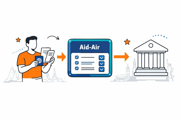 Semi-flat vector illustration of a three step horizontal process: on the left a traveler holding documents, in the center a deep blue and turquoise Aid-Air dashboard with checkmarks, on the right an abstract government building icon, modern tech 2D style, calm and efficient atmosphere, minimalist white and grey background with a subtle outline of multiple global landmarks