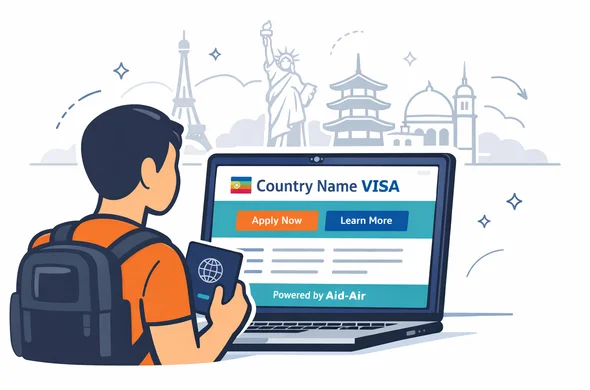 Flat vector illustration of a traveler viewing a laptop screen that shows a country specific visa website banner with a small Powered by Aid-Air label at the bottom, deep blue and turquoise interface, abstract faceless character holding a passport, calm and trustworthy atmosphere, minimalist white and grey background with a subtle outline of diverse global landmarks to represent multiple destinations