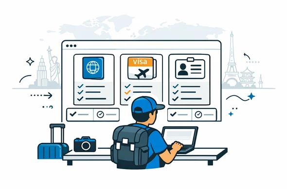 Flat semi-flat vector illustration of a traveler sitting at a laptop comparing different visa and entry permit types on a digital dashboard, deep blue and turquoise primary colors with neutral accents, calm and organized tech interface, minimalist white background with a faint world map and abstract skyline of global landmarks, no facial features, modern isometric style Flat semi-flat vector illustration of a traveler sitting at a laptop comparing different visa and entry permit types on a digital dashboard, deep blue and turquoise primary colors with neutral accents, calm and organized tech interface, minimalist white background with a faint world map and abstract skyline of global landmarks, no facial features, modern isometric style