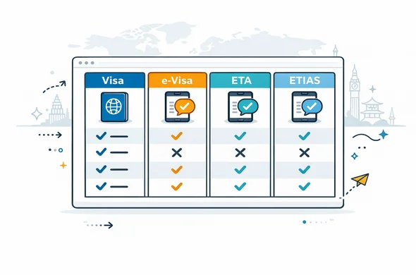 Flat vector infographic style illustration showing a comparison chart of visa, e-Visa, ETA and ETIAS, modern UI panels with icons of passports and digital approvals, deep blue and turquoise palette with neutral background, minimalist white screen with subtle outline of global landmarks, calm and organized design, no faces Flat vector infographic style illustration showing a comparison chart of visa, e-Visa, ETA and ETIAS, modern UI panels with icons of passports and digital approvals, deep blue and turquoise palette with neutral background, minimalist white screen with subtle outline of global landmarks, calm and organized design, no faces
