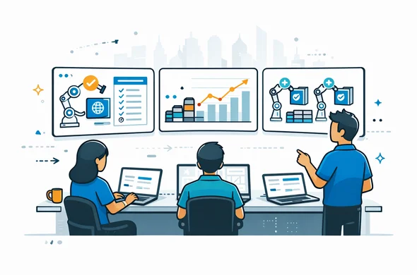 Semi-flat vector illustration of a small digital team in a modern office monitoring automated visa applications on large screens, deep blue and turquoise brand colors, calm efficient atmosphere, minimalist white background with a faint outline of a generic city skyline, characters without facial features, isometric tech scene Semi-flat vector illustration of a small digital team in a modern office monitoring automated visa applications on large screens, deep blue and turquoise brand colors, calm efficient atmosphere, minimalist white background with a faint outline of a generic city skyline, characters without facial features, isometric tech scene