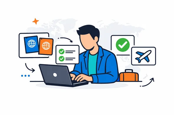 Flat vector illustration, modern tech style, deep blue and turquoise with subtle global accent colors. Abstract faceless traveler sitting at a laptop, checking visa requirements, with floating UI panels and icons of passports and checkmarks. Minimalist white background with a faint world map silhouette. Calm, efficient and organized atmosphere. Flat vector illustration, modern tech style, deep blue and turquoise with subtle global accent colors. Abstract faceless traveler sitting at a laptop, checking visa requirements, with floating UI panels and icons of passports and checkmarks. Minimalist white background with a faint world map silhouette. Calm, efficient and organized atmosphere.