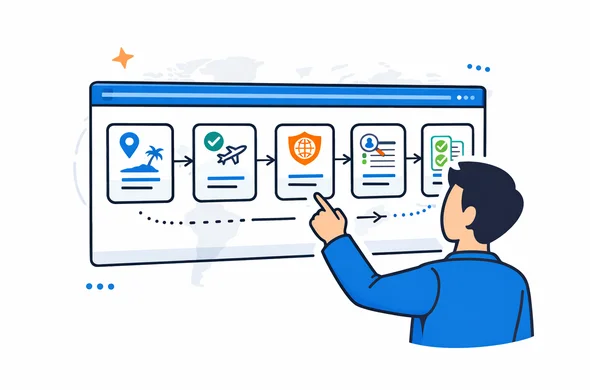 Isometric flat vector illustration of a step-by-step flowchart on a large digital screen, showing stages like destination, purpose, official site check, expert review, and documents checklist. Deep blue and turquoise UI elements, minimalist white background with a faint outline of a world map. Abstract faceless character tapping through the steps in a calm, efficient environment. Isometric flat vector illustration of a step-by-step flowchart on a large digital screen, showing stages like destination, purpose, official site check, expert review, and documents checklist. Deep blue and turquoise UI elements, minimalist white background with a faint outline of a world map. Abstract faceless character tapping through the steps in a calm, efficient environment.