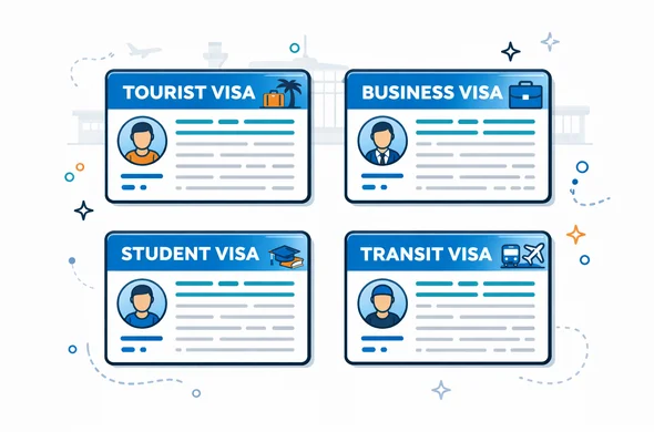Semi-flat vector illustration of four stylized visa documents laid out in a grid, each labeled as tourist, business, student, and transit visa. Deep blue and turquoise main palette with a subtle accent highlight, minimalist grey background with a faint airport terminal silhouette. Clean lines, techy feel, calm and efficient atmosphere.