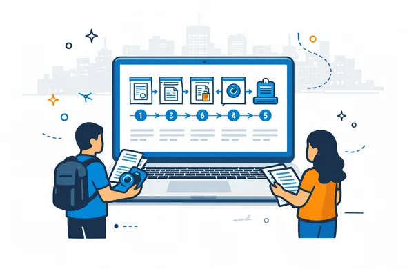 Isometric flat vector illustration of a digital dashboard on a laptop showing a step-by-step visa decision flow, with abstract faceless characters reviewing documents next to the screen. Deep blue and turquoise colors, tech startup vibe, minimalist grey background with a subtle outline of a generic city skyline. Calm, organized, efficient atmosphere.
