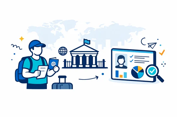 Flat vector illustration showing a traveler, an embassy building icon and a digital dashboard analyzing a visa application. Deep blue and turquoise primary colors with subtle yellow and blue accents for a global travel hub theme, 2D isometric style, faceless abstract characters holding a passport and documents, calm and efficient atmosphere, minimalist light background with a faint outline of a world map and generic skyline.