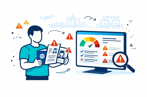 Semi-flat vector illustration of a digital risk scoring dashboard highlighting red flags on visa documents. Deep blue and turquoise as primary colors with subtle yellow and blue accents, 2D modern style, faceless abstract character reviewing documents with exclamation icons, calm yet analytical atmosphere, minimalist light background with a faint outline of generic airport and border control icons.
