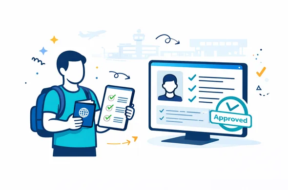 Flat vector illustration of a traveler holding a digital checklist and passport, with a large screen showing a clean approved visa application. Deep blue and turquoise primary colors with yellow and blue accent elements for a global hub feel, 2D modern style, faceless abstract character, calm and organized atmosphere, minimalist white background with a faint outline of an airport terminal.