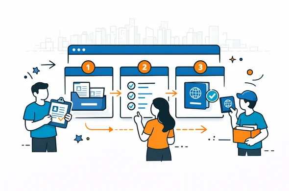 Semi-flat vector illustration of a step-by-step digital workflow for a visa application: abstract faceless characters moving documents through numbered stages on a screen. Deep blue and turquoise UI elements, neutral background, calm and organized atmosphere, subtle outline of a generic city skyline in the back. Semi-flat vector illustration of a step-by-step digital workflow for a visa application: abstract faceless characters moving documents through numbered stages on a screen. Deep blue and turquoise UI elements, neutral background, calm and organized atmosphere, subtle outline of a generic city skyline in the back.