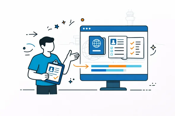 Flat vector illustration of a human expert and a digital dashboard side by side, reviewing visa application documents together. Deep blue and turquoise interface elements, calm and safe atmosphere, neutral faceless characters, subtle outline of airport control tower in the background to symbolize border control. Flat vector illustration of a human expert and a digital dashboard side by side, reviewing visa application documents together. Deep blue and turquoise interface elements, calm and safe atmosphere, neutral faceless characters, subtle outline of airport control tower in the background to symbolize border control.