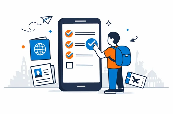 Flat semi flat vector illustration of an abstract faceless character checking a digital visa preparation checklist on a large smartphone surrounded by passport and document icons deep blue and turquoise color palette with subtle global travel accent minimalist white and grey background with faint skyline silhouettes of famous world landmarks calm organized efficient tech atmosphere Flat semi flat vector illustration of an abstract faceless character checking a digital visa preparation checklist on a large smartphone surrounded by passport and document icons deep blue and turquoise color palette with subtle global travel accent minimalist white and grey background with faint skyline silhouettes of famous world landmarks calm organized efficient tech atmosphere