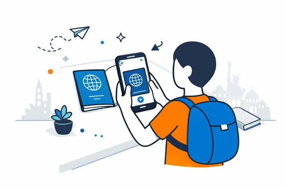 Flat vector illustration showing an abstract faceless character using a smartphone to photograph a passport on a clean desk deep blue and turquoise interface elements minimalist white and grey background with subtle outline of global landmarks calm organized tech oriented atmosphere Flat vector illustration showing an abstract faceless character using a smartphone to photograph a passport on a clean desk deep blue and turquoise interface elements minimalist white and grey background with subtle outline of global landmarks calm organized tech oriented atmosphere