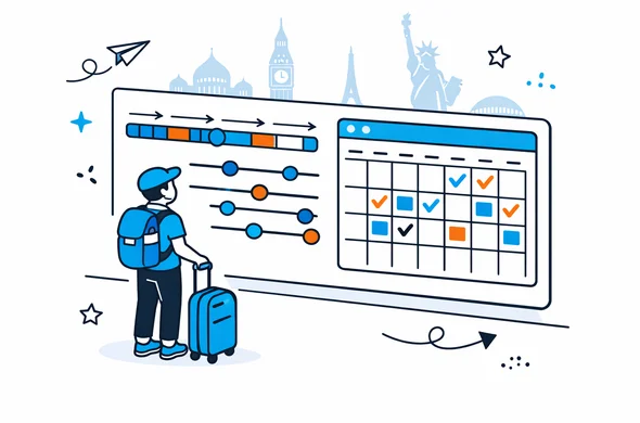 Flat vector illustration of a calm traveler standing in front of a large timeline and calendar for visa planning, deep blue and turquoise color palette with soft neutral accent, modern tech style, clean lines, isometric view, faint silhouettes of famous global landmarks in the background, safe and organized atmosphere