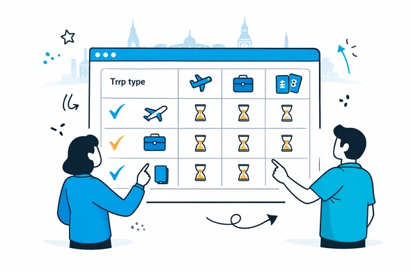 Semi flat vector illustration of a comparison chart on a digital dashboard showing different trip types and recommended visa lead times, abstract faceless characters pointing at the chart, deep blue and turquoise with soft yellow accent, minimalist 2D tech style, calm and efficient atmosphere, faint outline of a global city skyline in the background