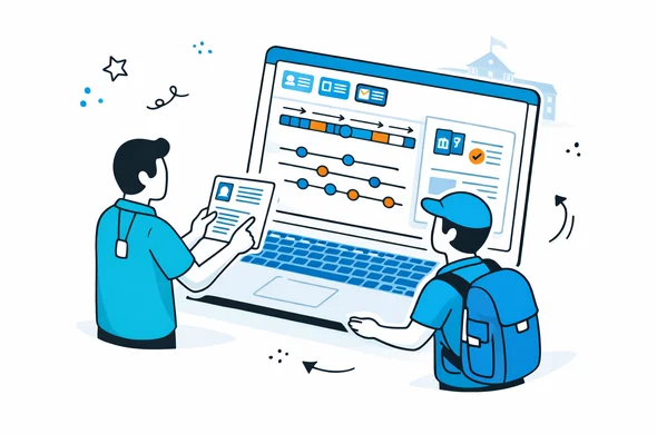 Isometric vector illustration of a digital visa office dashboard on a laptop screen, abstract faceless consultant and traveler reviewing documents and a timeline, deep blue and turquoise color palette with subtle yellow accent, clean modern interface elements, calm and efficient atmosphere, faint outline of an embassy building in the background