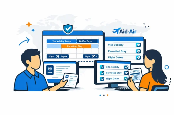 Semi-flat vector illustration of a digital dashboard for a visa automation platform checking consistency between visa validity, permitted stay and flight bookings, deep blue and turquoise Aid-Air branding, faceless abstract operators reviewing documents on screens, calm and efficient office atmosphere, minimalist background with subtle world map silhouette, modern isometric tech look Semi-flat vector illustration of a digital dashboard for a visa automation platform checking consistency between visa validity, permitted stay and flight bookings, deep blue and turquoise Aid-Air branding, faceless abstract operators reviewing documents on screens, calm and efficient office atmosphere, minimalist background with subtle world map silhouette, modern isometric tech look