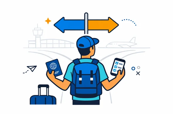 Flat vector illustration of a traveller at a crossroads choosing between single entry visa and multi entry visa, holding passport and smartphone with digital forms, deep blue and turquoise primary colors with subtle yellow and blue accents, calm organized atmosphere, minimalist white background with faint outline of an airport terminal, modern tech style, no facial features Flat vector illustration of a traveller at a crossroads choosing between single entry visa and multi entry visa, holding passport and smartphone with digital forms, deep blue and turquoise primary colors with subtle yellow and blue accents, calm organized atmosphere, minimalist white background with faint outline of an airport terminal, modern tech style, no facial features