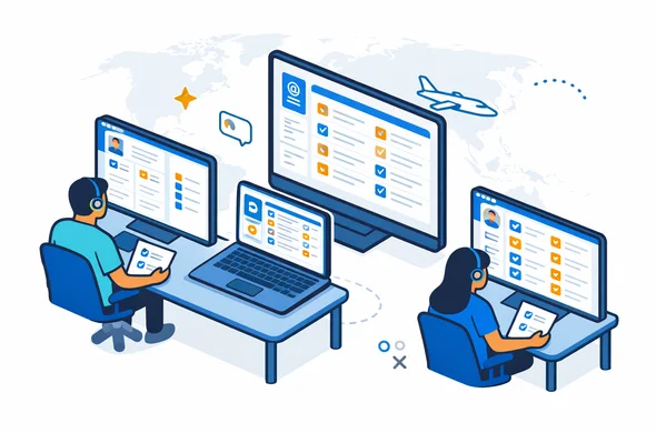 Isometric flat vector illustration of a digital visa office dashboard, abstract operators checking visa applications on screens, deep blue and turquoise interface with yellow and blue accent highlights, calm efficient atmosphere, minimalist background with faint outline of a world map, modern tech startup feel, no facial features Isometric flat vector illustration of a digital visa office dashboard, abstract operators checking visa applications on screens, deep blue and turquoise interface with yellow and blue accent highlights, calm efficient atmosphere, minimalist background with faint outline of a world map, modern tech startup feel, no facial features