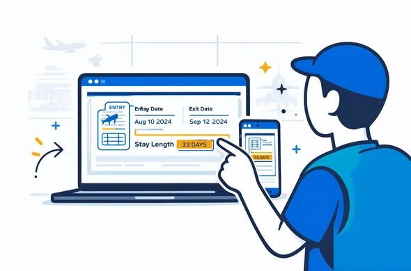 Semi-flat vector illustration of a digital dashboard on a laptop and smartphone analyzing visa validity dates and duration of stay from an entry stamp, abstract faceless operator pointing at the stay length field, deep blue and turquoise Aid-Air brand colors with yellow-blue accents, modern SaaS interface design, calm and organized atmosphere, minimalist white background with a soft outline of an airport terminal in the back Semi-flat vector illustration of a digital dashboard on a laptop and smartphone analyzing visa validity dates and duration of stay from an entry stamp, abstract faceless operator pointing at the stay length field, deep blue and turquoise Aid-Air brand colors with yellow-blue accents, modern SaaS interface design, calm and organized atmosphere, minimalist white background with a soft outline of an airport terminal in the back