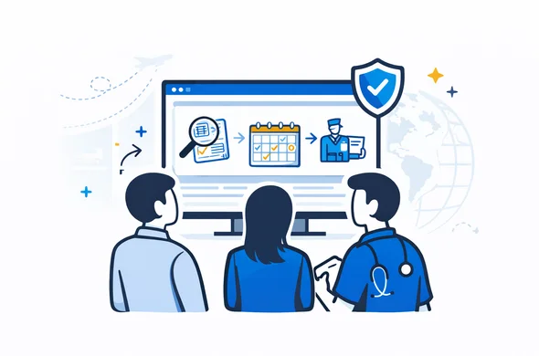 Flat vector illustration of a small team of abstract faceless professionals standing around a large screen that shows automated visa checks, calendars and border control icons, deep blue and turquoise Aid-Air colors with subtle yellow-blue accents, calm safe atmosphere, minimalist white background with faint globe and flight path silhouettes, clean modern tech style Flat vector illustration of a small team of abstract faceless professionals standing around a large screen that shows automated visa checks, calendars and border control icons, deep blue and turquoise Aid-Air colors with subtle yellow-blue accents, calm safe atmosphere, minimalist white background with faint globe and flight path silhouettes, clean modern tech style