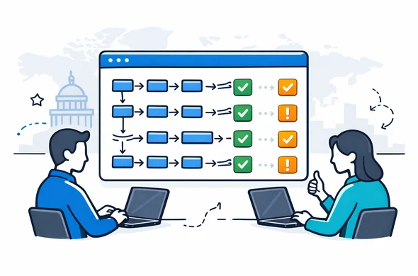 Semi-flat vector illustration, deep blue and turquoise primary colors, accent hints of yellow, abstract faceless professionals sitting at laptops next to a large rules engine interface with checkmarks and warning icons, representing human experts validating automation, minimalist white and light grey background with faint outline of a generic government building and a world map, clean 2D tech style.
