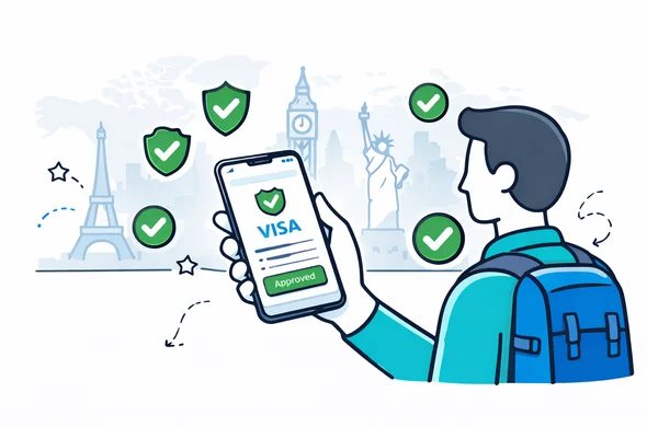 Flat 2D vector illustration, deep blue and turquoise interface with subtle global accent colors, abstract faceless traveler holding a smartphone that shows a digital visa approval screen, surrounded by floating icons of shields, checkmarks and world landmarks, calm and efficient atmosphere, minimalist background with faint silhouettes of different country skylines, modern tech product feel.