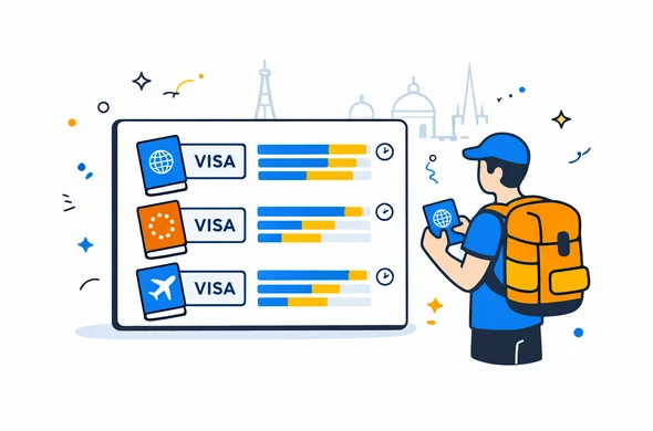 Clean 2D flat vector illustration of a comparison board with several visa types and duration bars, next to an abstract faceless traveler holding a passport and phone. Deep blue and turquoise main colors with yellow and blue accents, modern tech infographic style, minimalist white background with a faint outline of European landmarks such as the Eiffel Tower and a generic cathedral.