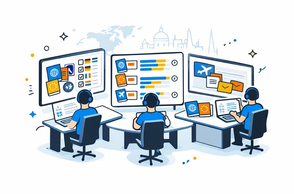 Isometric flat vector illustration of a modern digital control room for visas, with abstract faceless operators sitting at desks reviewing digital travel documents on large screens. Deep blue and turquoise Aid-Air style interface elements, yellow and blue European accents, calm and efficient atmosphere, minimalist light background with a faint outline of a world map and European skyline.