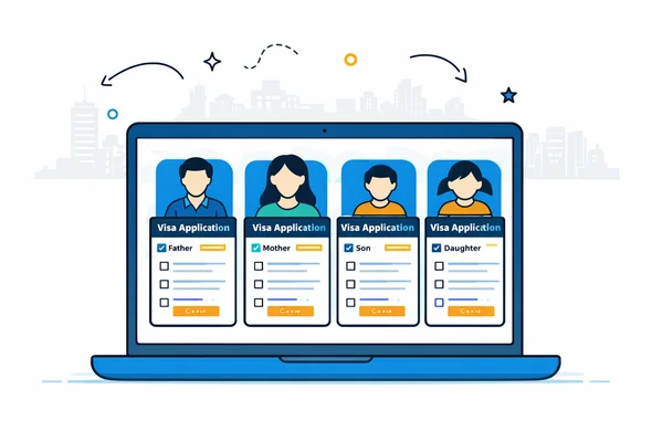 Flat vector illustration of a laptop screen displaying multiple visa application forms side by side, each labeled for different family members with abstract icons, deep blue and turquoise interface with subtle yellow accents, calm and efficient atmosphere, minimalist white background with a faint outline of a generic city skyline, faceless abstract characters next to the screen, modern tech 2D style.