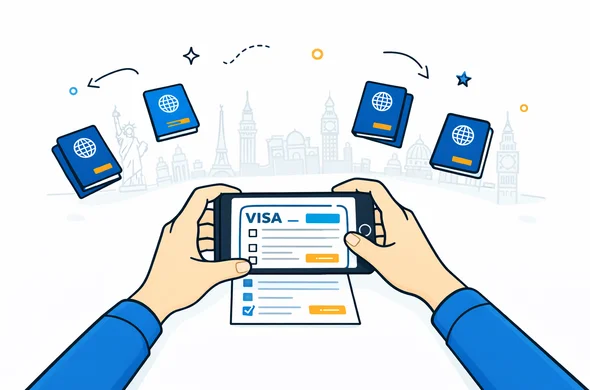 Semi-flat vector illustration of a person holding a smartphone above a visa document to photograph it, multiple passport icons floating around, deep blue and turquoise primary colors with subtle yellow accents, calm and efficient atmosphere, minimalist white background with faint outlines of several famous landmarks from different countries, faceless abstract character, modern 2D tech style.