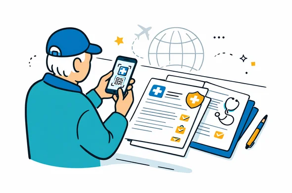 Flat vector illustration of a senior traveler using a smartphone to scan medical documents and insurance papers, deep blue and turquoise with yellow accent, minimalist tech style, organized desk with documents, calm efficient mood, white background with faint outline of a globe and airplane, no facial features, clean 2D lines