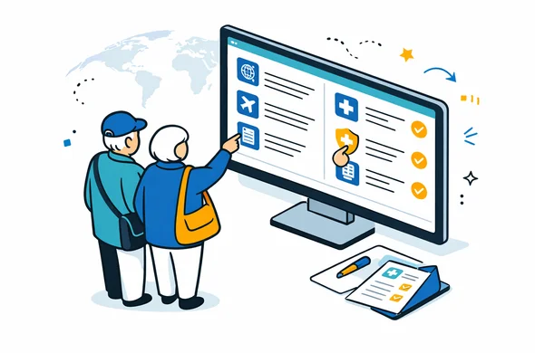 Isometric vector illustration of a digital visa platform dashboard organizing documents for senior travelers, deep blue and turquoise with yellow accent, abstract characters reviewing files on a large screen, minimalist white background with faint outline of a world map, calm reliable tech atmosphere, no facial features, clean modern lines