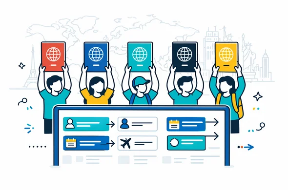 Semi flat vector illustration in 2D style, deep blue and turquoise with yellow accents, abstract faceless characters standing in a row each holding a different colored passport icon above a digital dashboard, representing mixed passport group visa management, calm efficient atmosphere, minimalist light background with faint outline of a world map and multiple simple landmark silhouettes