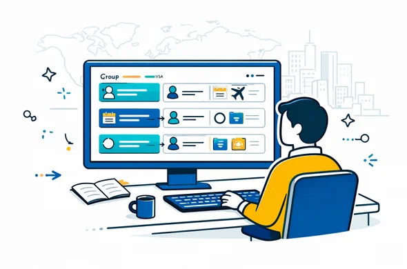 Flat vector illustration, modern tech dashboard in deep blue and turquoise with yellow accents, abstract faceless travel agent sitting at a desk viewing a large screen showing a group visa status dashboard, calm organized efficient office atmosphere, minimalist white and grey background with faint outline of a world map and abstract buildings