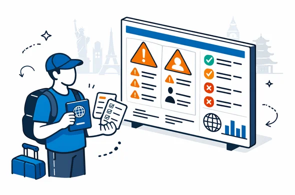 Isometric flat vector illustration in deep blue and turquoise, with a faceless abstract traveler holding a passport and visa application forms, standing in front of a large digital dashboard showing warning icons and status flags, clean modern tech style, calm and organized atmosphere, minimalist white and grey background with faint silhouettes of multiple global landmarks, high resolution