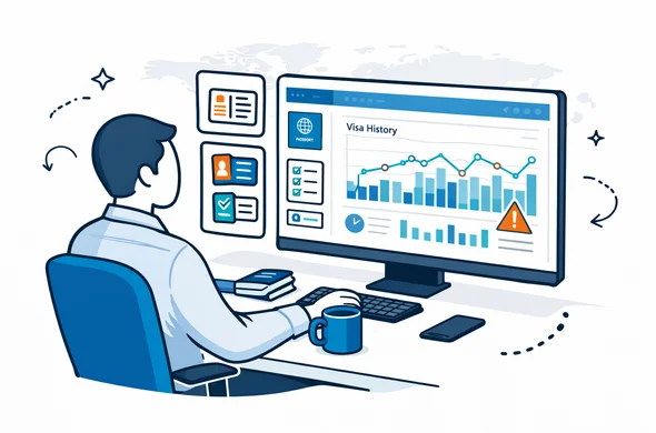 Flat 2D vector illustration of a faceless professional sitting at a modern computer workstation, analyzing visa history charts and document icons on a large screen, deep blue and turquoise color palette with a subtle tech UI overlay, calm efficient atmosphere, minimalist white and grey office background with faint global map outline, high resolution