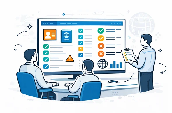 Semi-flat isometric vector illustration of a digital visa management system dashboard on a large screen, with abstract faceless characters around it reviewing checklists and status tags, deep blue and turquoise main colors, subtle yellow accents, calm high-tech control center atmosphere, minimalist white and grey background with faint circuitry and globe outlines, high resolution
